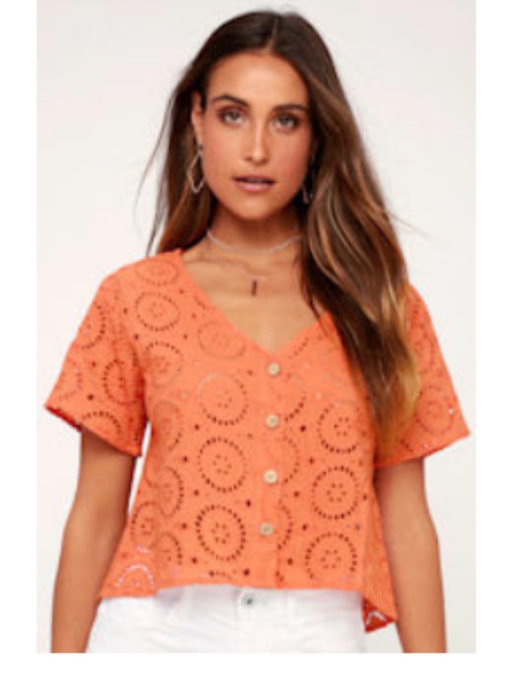 Lulus Orange Eyelet Button-Front Cropped Top